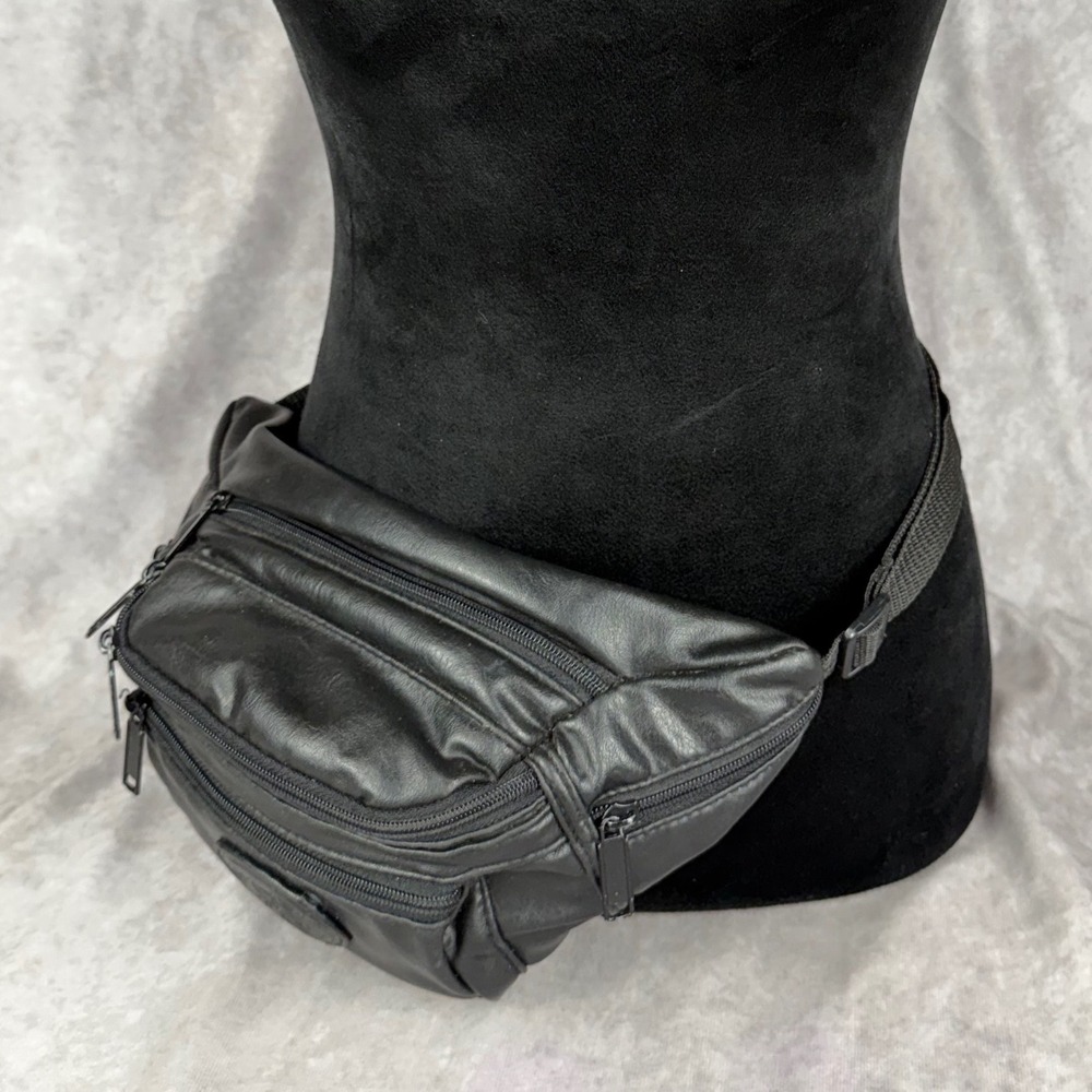 Vtg Flight Pax Black Leather Fanny Pack Multi-Pocket Travel Waist Bag 90s 80s